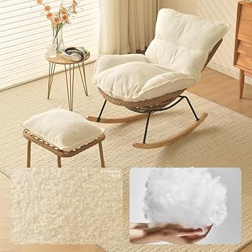 Rocking Chair with Ottoman, Upholstered Glider Rocker with High Backrest, Teddy Fabric Padded Seat, Accent Rocker Padded Armchair for Indoor Living Room Bedroom