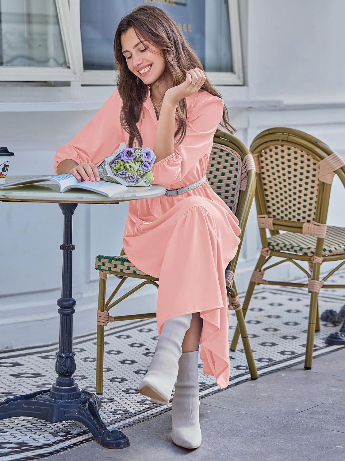 Wenrine Womens Casual 3/4 Sleeve Shirt Dress Button Down V Neck Tiered Collared Flowy Maxi Dress