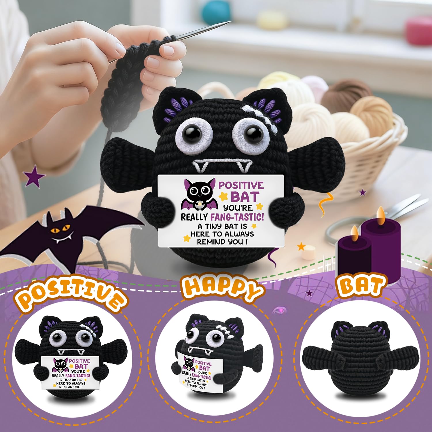 Handmade Positive Crochet Bat Doll Birthday Gifts for Women Men Friends Couples Unique Gifts for Her Him Inspirational Cute Desk Emotional Crochet Room Decor for Women