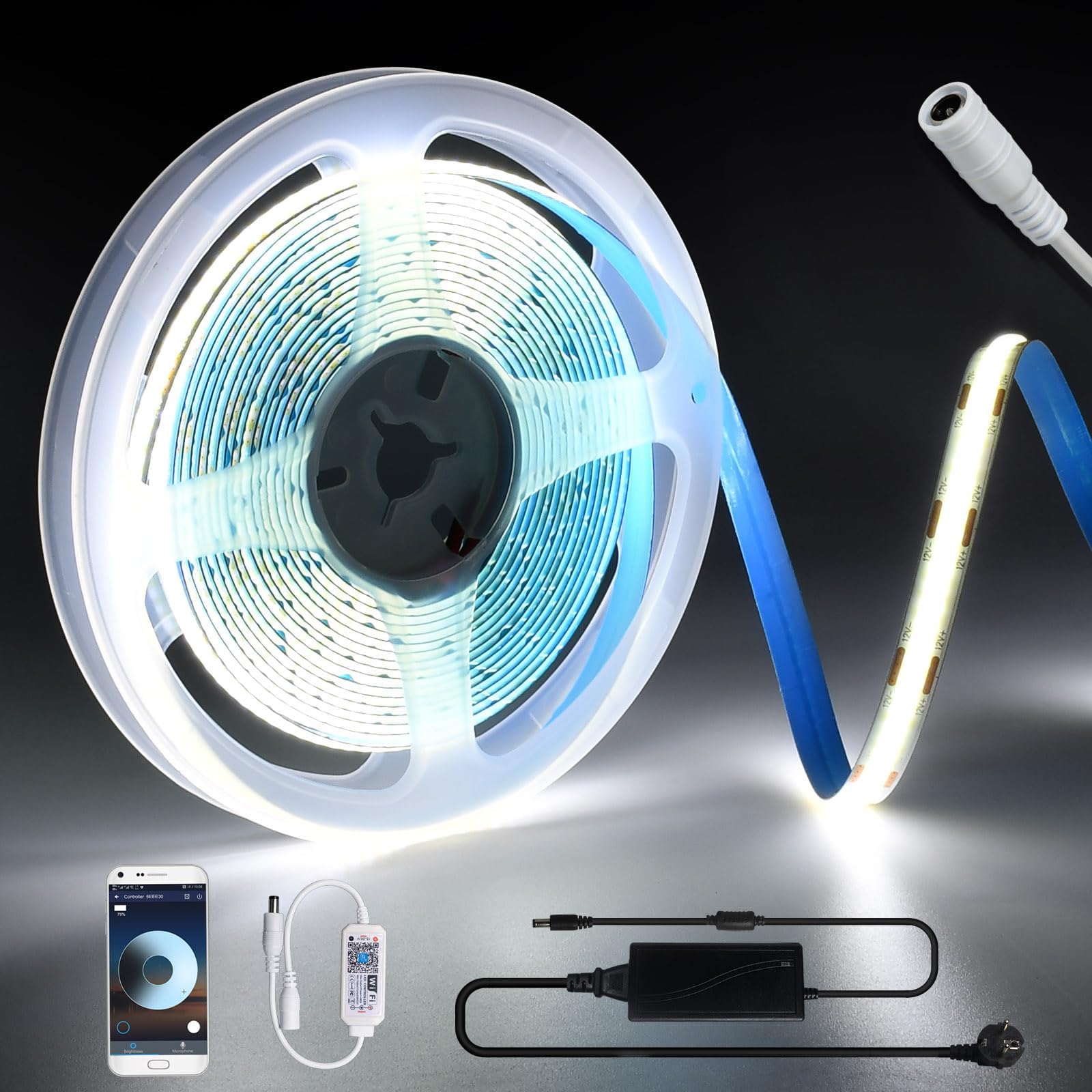 Smart WiFi Cool White 6000K Cob Led Strip Light DC12V 5A, Dimmable Led Strip Set with APP Control, 5m Led Tape Light Kit 320LEDs/Meter for Home Decoration