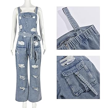 Amazon.com: TACSTRUN Women's Ripped Denim Cargo Jumpsuit