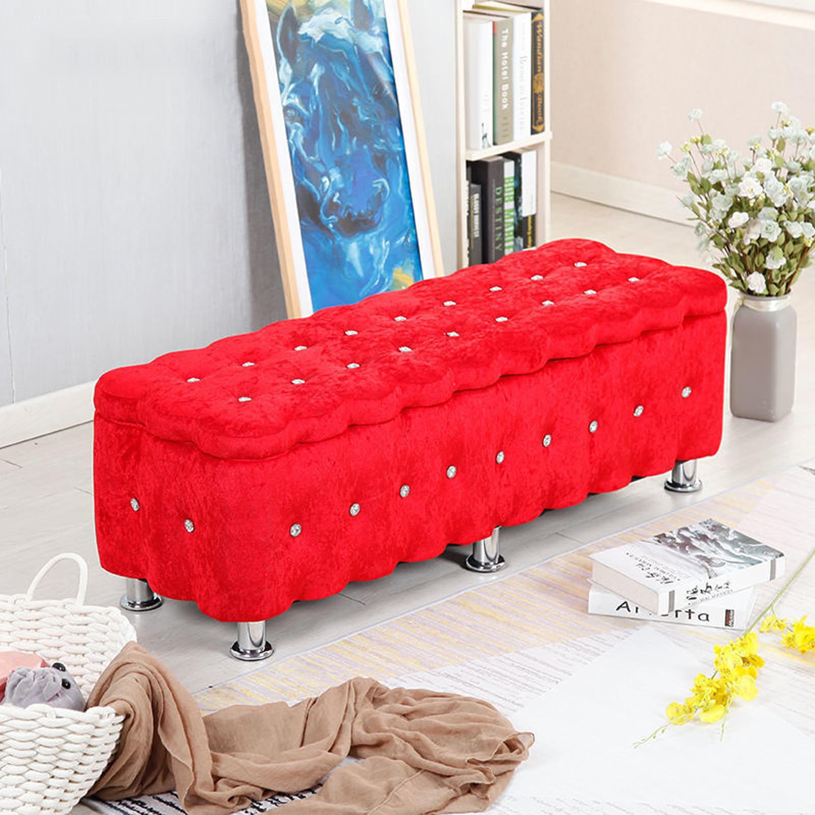 Banc de rangement en velours haut de gamme au design capitonné raffiné