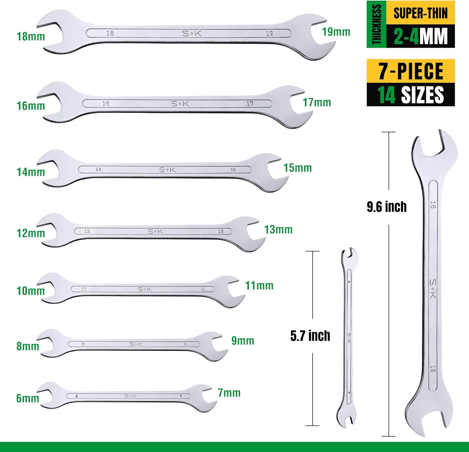 SK Super-Thin Open End Wrench Set, Metric 6 to 19mm, 7-Piece, Mirror Krome Finish, Premium CR-MO Construction, with Rolling Pouch