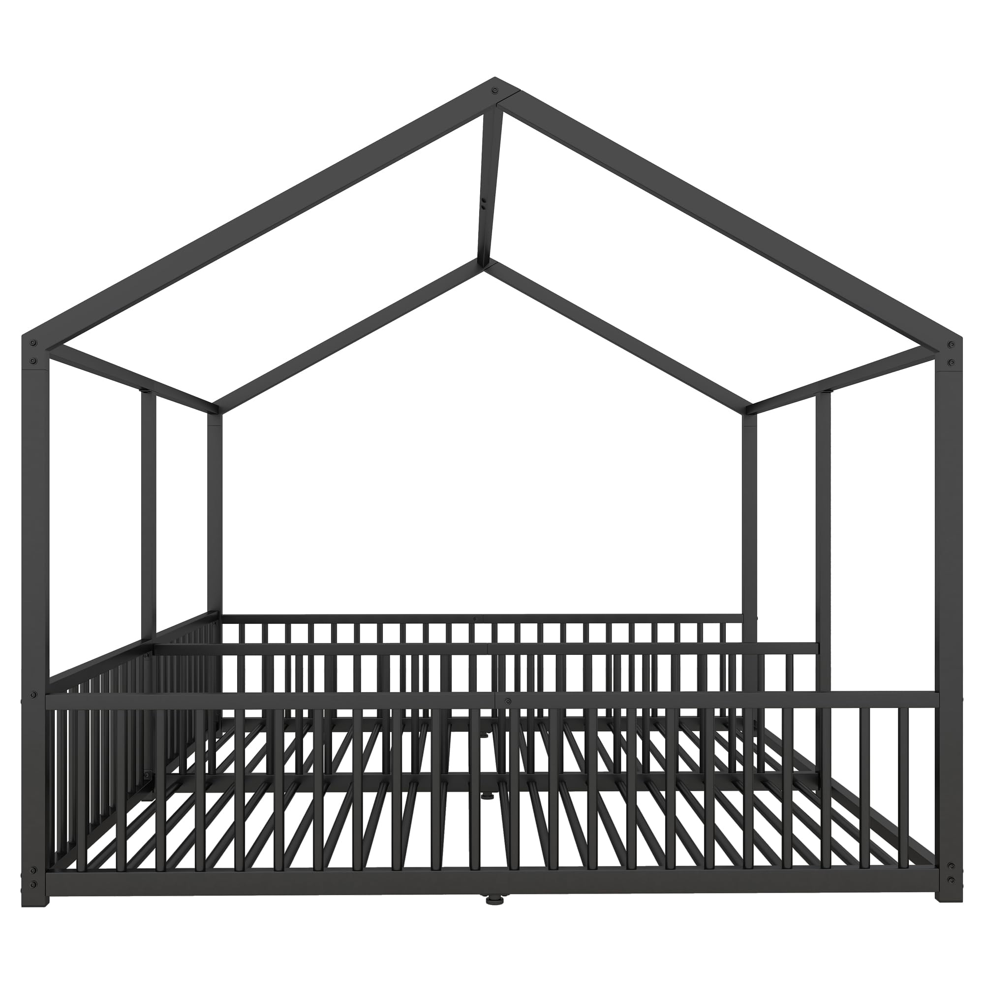 Dolamaní Bodenbett 180x200 cm 2 Kinder mit rausfallschutz, 90x200 cm Einzelbetten 2-in-1, Hausbett Metall Geschwister Bett, Kinderbett Bodentief (Schwarz B)