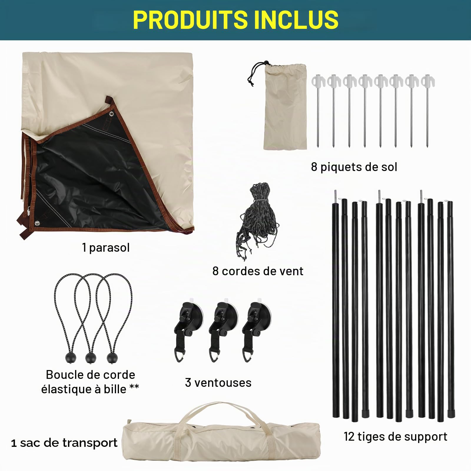 Auvent de Voiture Universel, Auvent Hydrofuge 240 cm/95 Pouces, Voile Ombrage de Voiture pour Camping avec Kits Complets, Montage À Ventouse Flexible