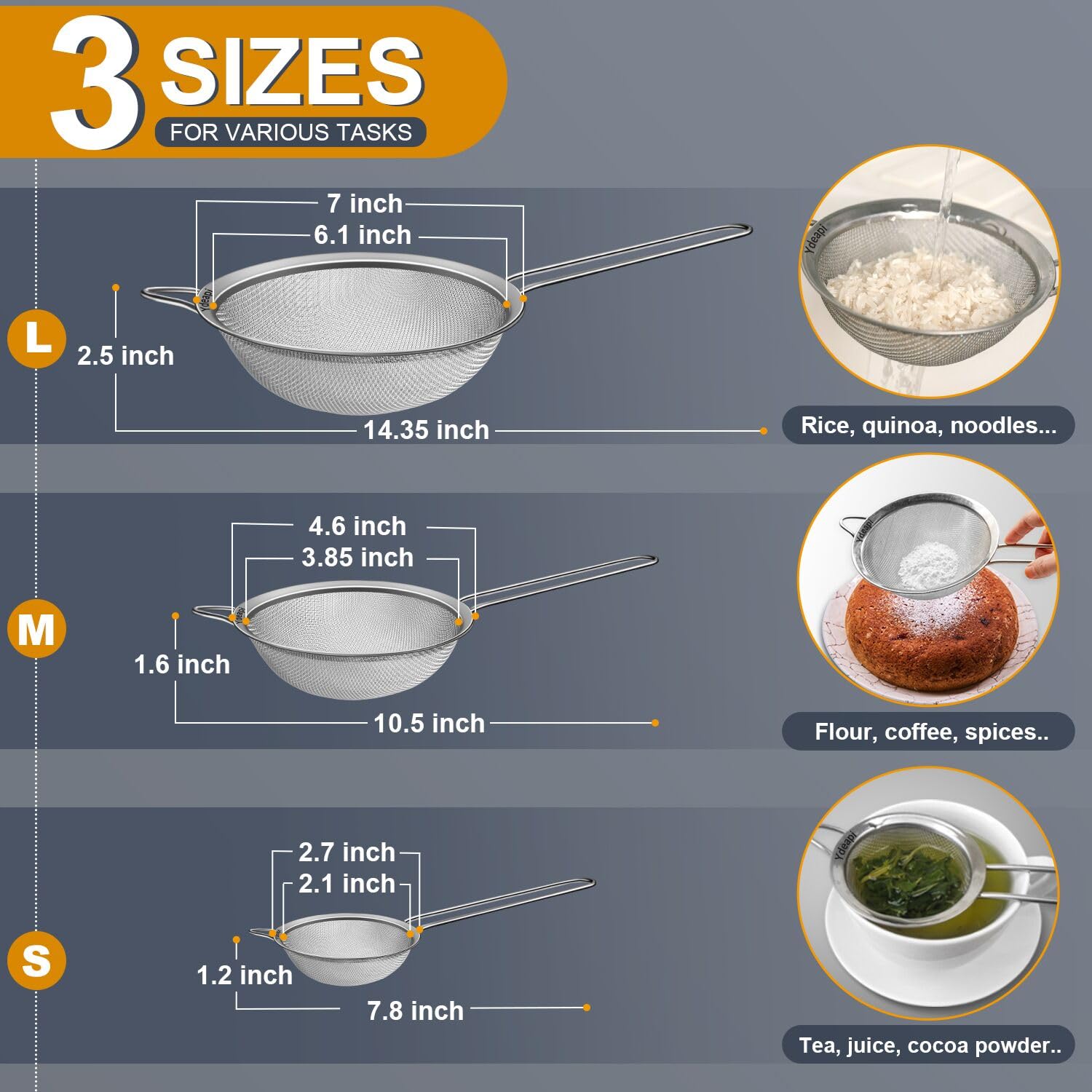 Ydeapi Colador de malla fina, coladores de acero inoxidable con mango resistente, juego de 3 tamices de metal para alimentos de cocina, arroz, quinoa, té, 7", 4.7", 3"