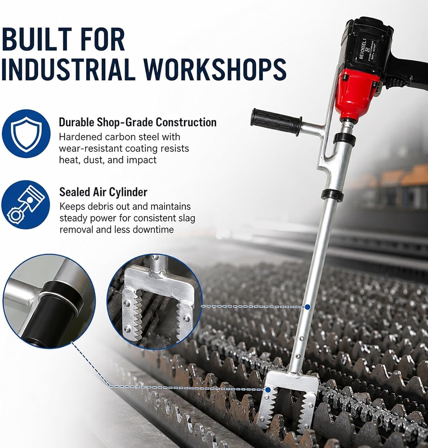 Ręczne narzędzie do usuwania żużla spawalniczego za pomocą rdzy, urządzenie zasilane sprężonym powietrzem do usuwania płynnego żużla, odległość rdzy > 30 mm, maks. szerokość żużla 25 mm