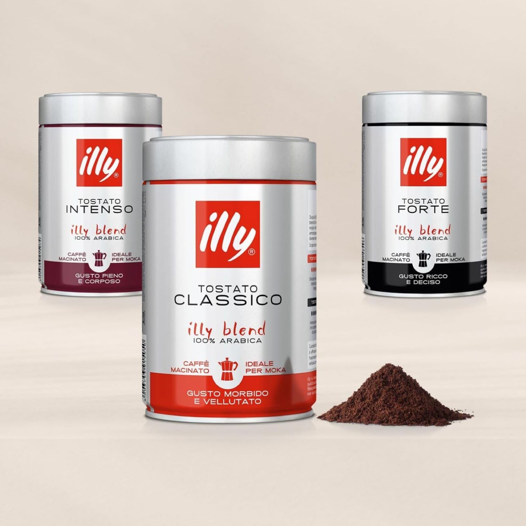illy, Caffè Macinato per Moka Tostato CLASSICO, 100% Arabica con Note di Fiori d'Arancio e Gelsomino, Gusto Morbido e Retrogusto Dolce, Confezione da 12 Barattoli (12 x 185g)