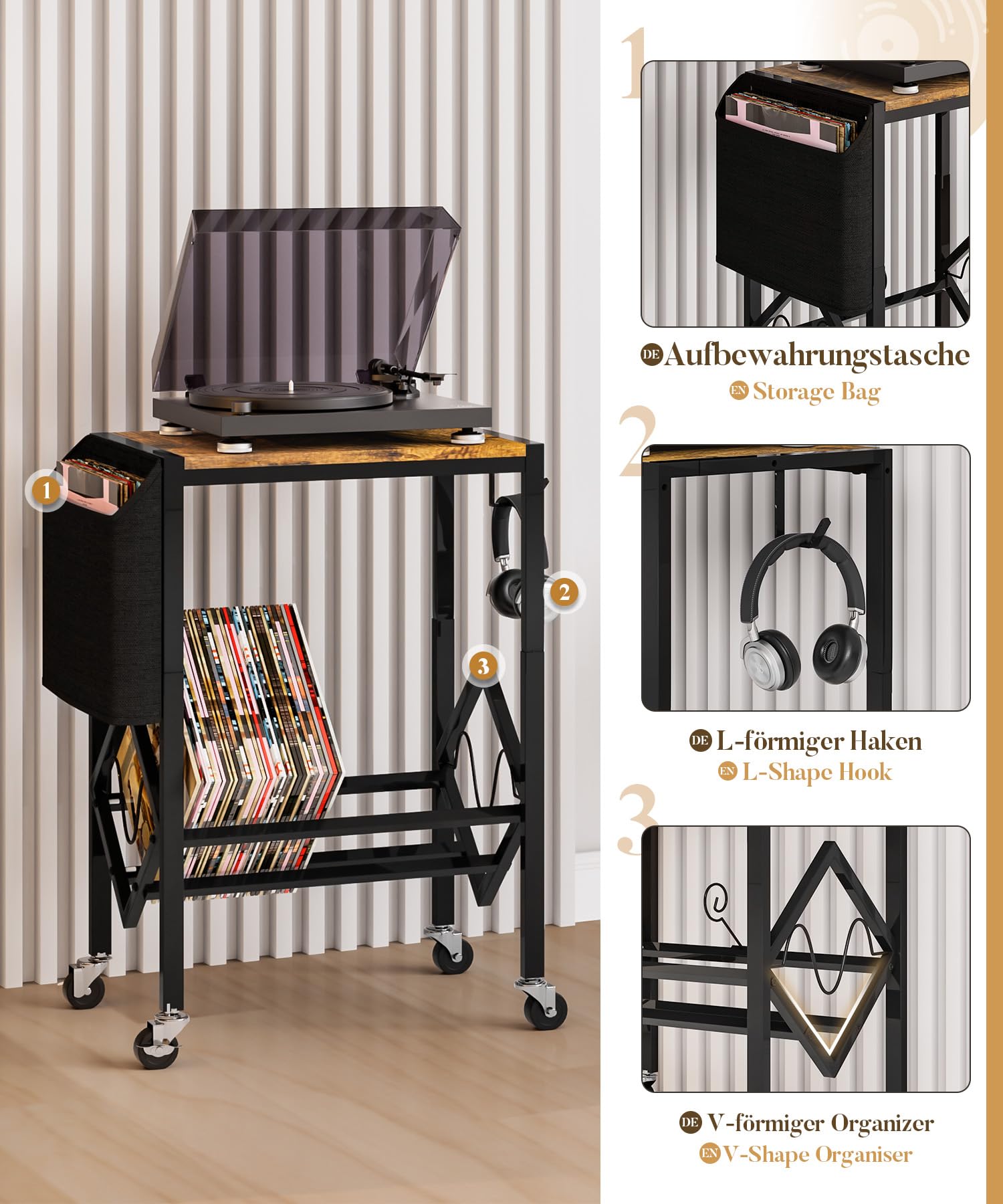 Yorbay Support pour Tourne-disques Vinyles avec Sac d’Organisation Table de Platine 2 Niveaux pour 200 Albums Disques CDs Cadeau pour Amateur de Musique Salon Chambre à Coucher - Noir