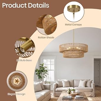 22 Boho Rattan Chandelier, 5-Light Rattan Pendant Light | 2-Tier Hand Wove Wicker Shade, Farmhouse Drum Hanging Light for Dining Room, Living Room, Bedroom, Kitchen Island