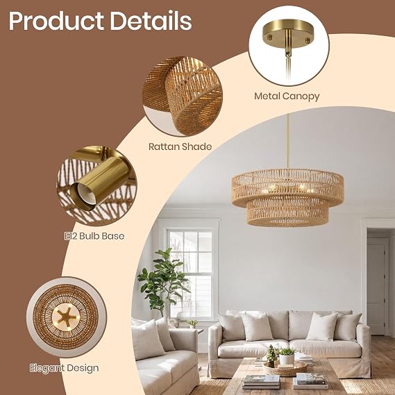 22 Boho Rattan Chandelier, 5-Light Rattan Pendant Light | 2-Tier Hand Wove Wicker Shade, Farmhouse Drum Hanging Light for Dining Room, Living Room, Bedroom, Kitchen Island