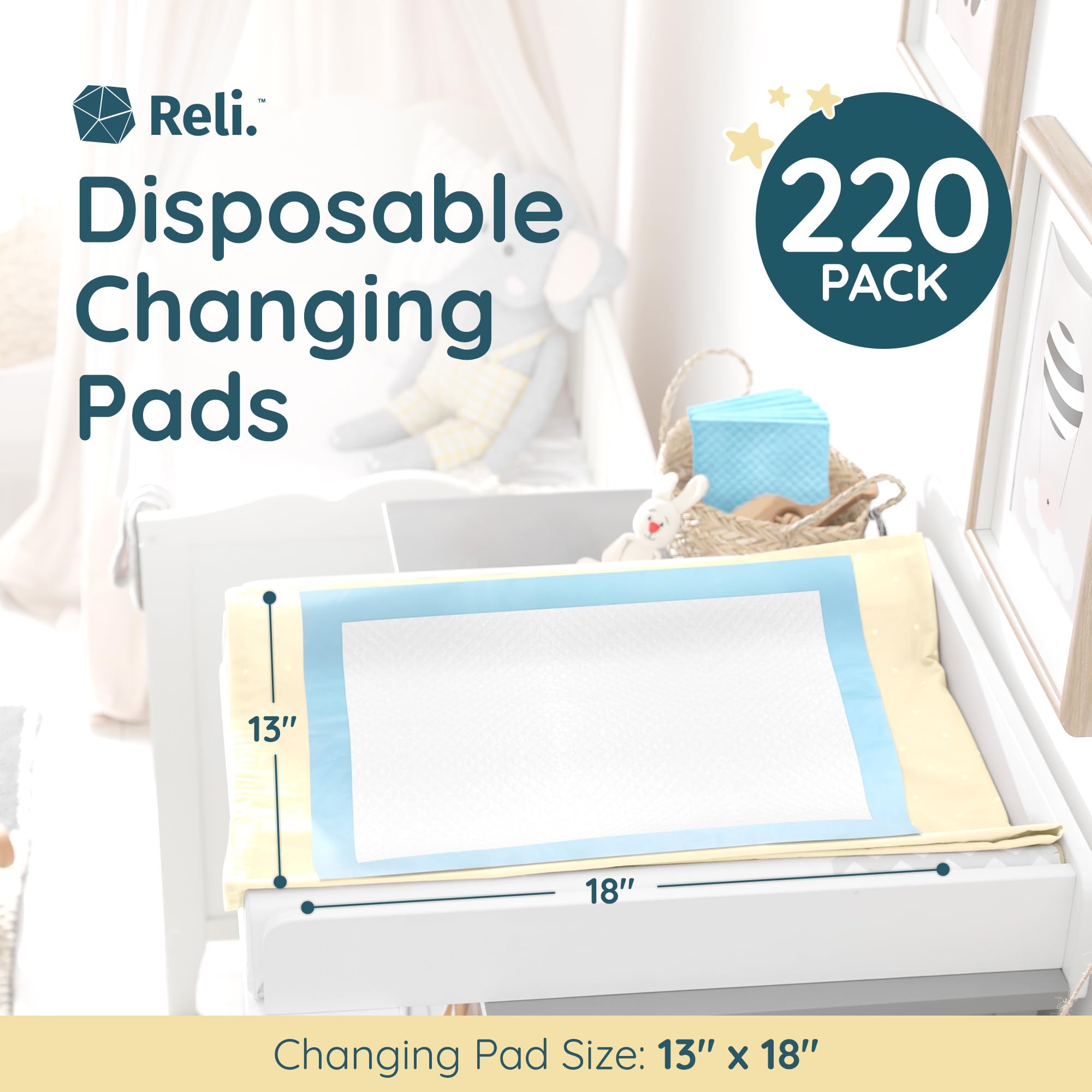 Reli. disposable changing pads offer a bulk pack of 220 for sustained convenience.