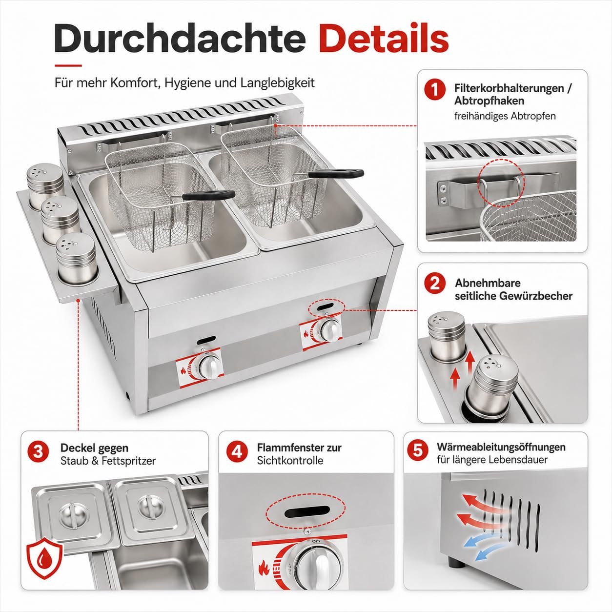 Gas Fritteuse, Doppeltank 2x6L, 50-380°C, Edelstahl, Gastronomie | 430 Edelstahl,genietet,LPG,Deckel,Körbe,Abtropfhaken,Gewürzbecher,Antirutschfüße,Wärmeabzug,Flammfenster,energiesparend