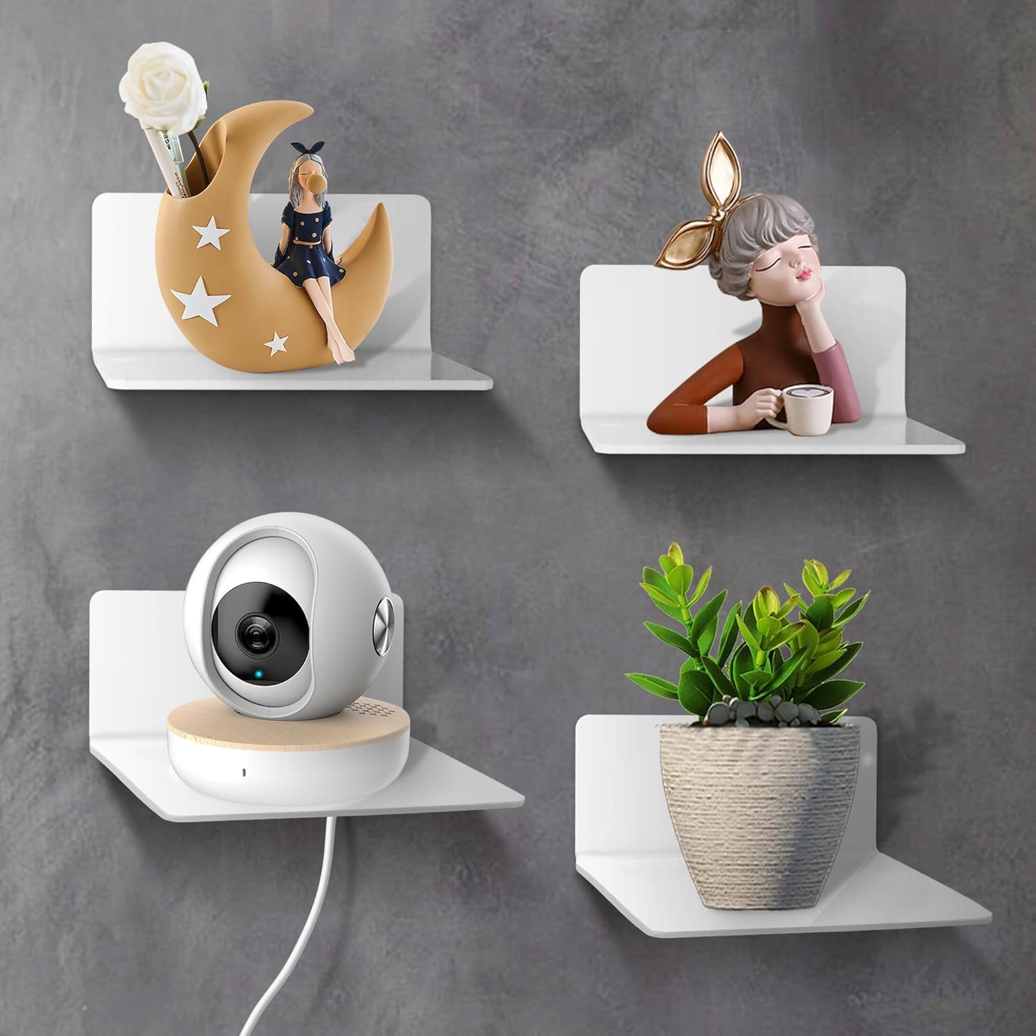 Vulevirtue Set of 4 Wall Shelves, No Drilling, White Floating Nail Wall