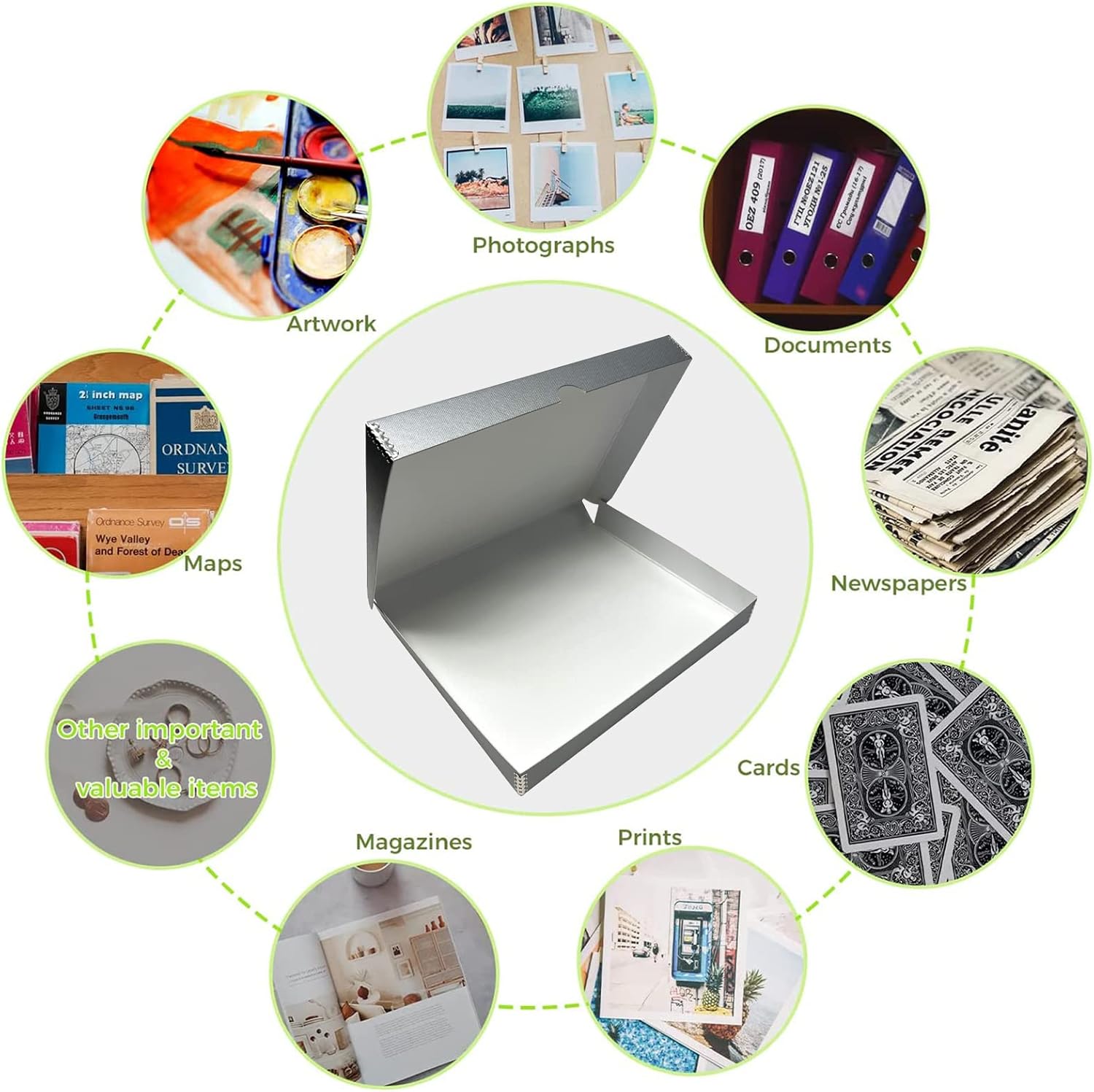 Lineco Folio Storage Box, Clamshell Design with Metal Edge. 11.5x14.5x1.75 Inches, Archival Boxboard, Preserve Photos, Cards, Magazines, Documents, Art, Ephemera, Family Records, Silver, Pack of 1