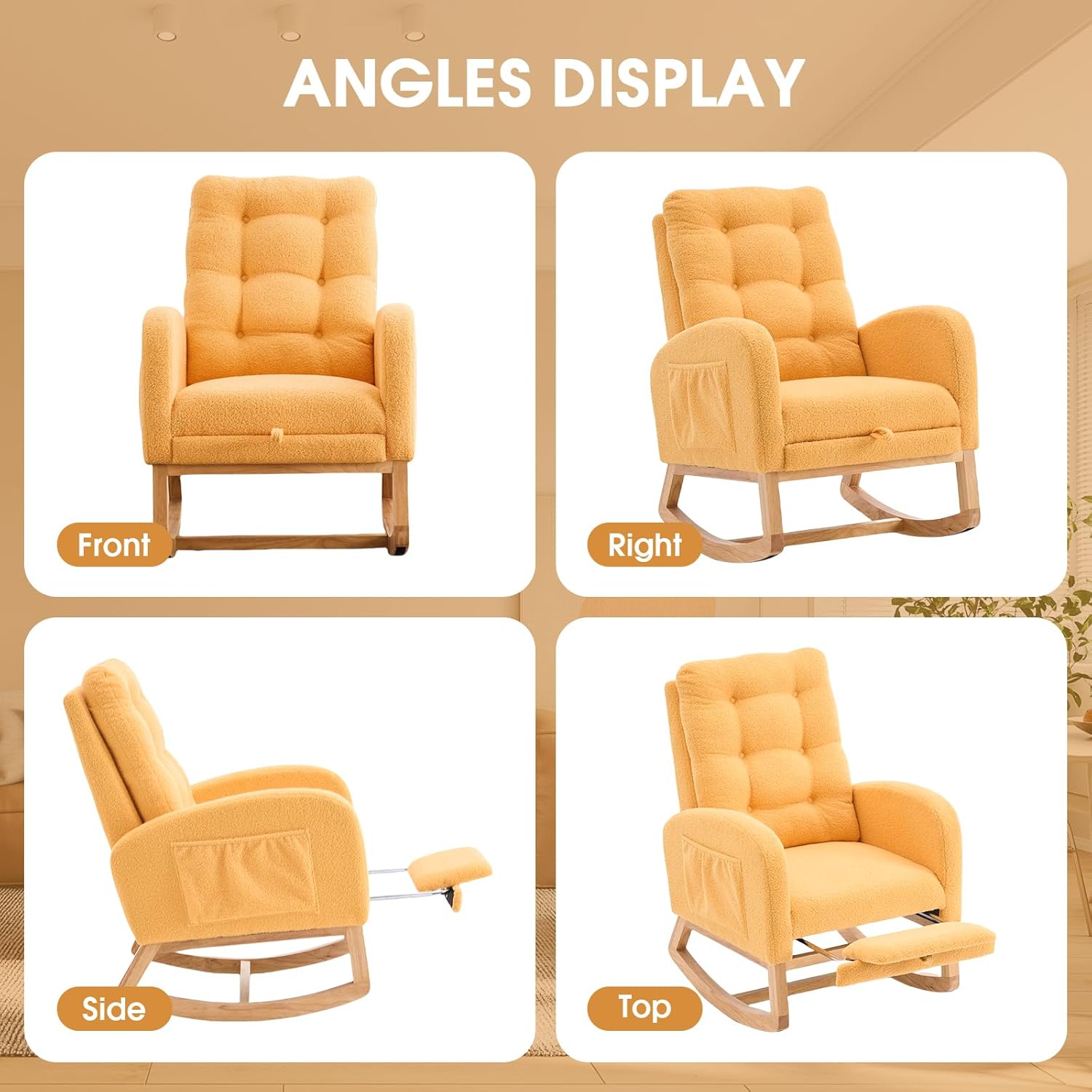 NIOIIKIT Nursery Rocking Chair, Linen Upholstered Glider Chair with Footrest, Tufted Rocker Recliner with Side Pocket, Comfy Recliner Glider, Accent Chair for Living Room (Yellow Teddy)