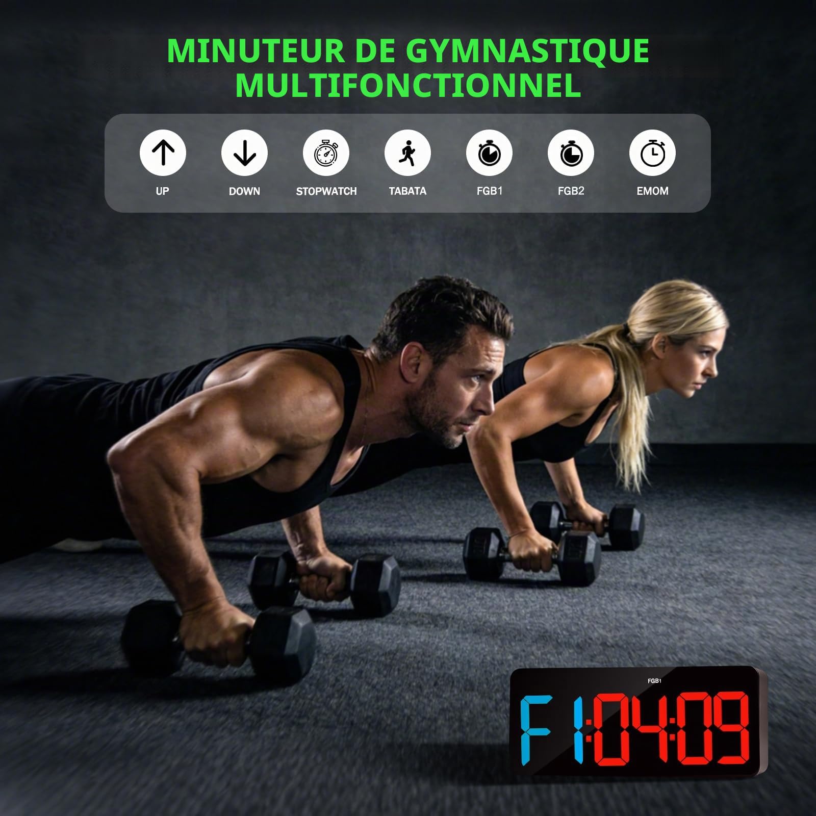 Timer Sport,Minuteur et Chronomètre Digital,Horloge Murale Numérique avec Télécommande,Gym Timer 12/24H pour Fitness Home Gym School | Interval Sport Timer avec Tabata EMOM FGB, luminosité et volume réglables