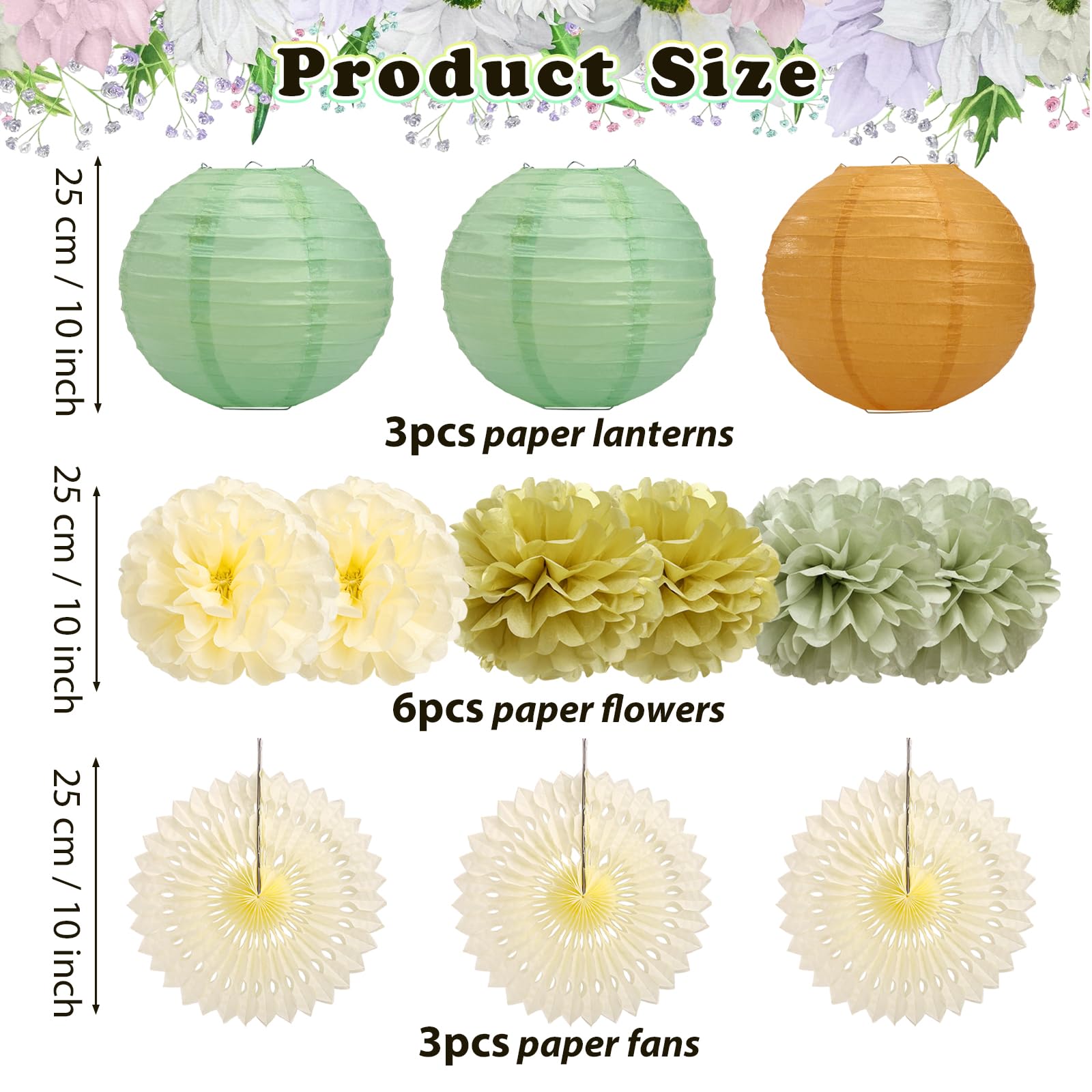 LIHAO Sage Green Party Decorations, Paper Lanterns Paper Fans Tissue Pom Poms for Baby Shower Bridgerton Bridal Shower Birthday Wedding Engagement Party(Green Gold Ivory)
