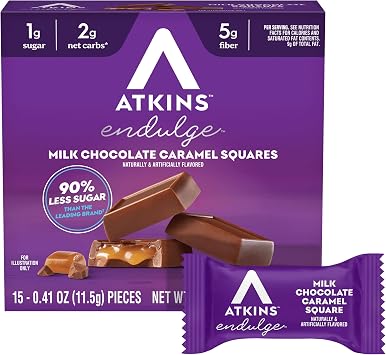 Atkins Milk Choco Caramel Squares. Delicious Low-Sugar Treats with Choco and Caramel. 15 Pieces