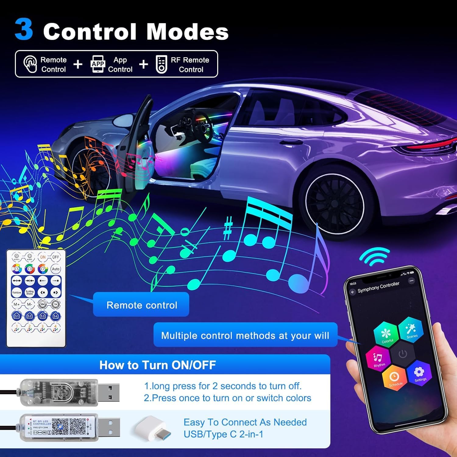 Tira de luces LED de acrílico Dreamcolor para Tesla Model 3/Y con hub USB, kits de iluminación ambiental de fibra óptica de 55.1 pulgadas, colores RGB+IC, tira LED de neón activo para 2021, 2022, 2023