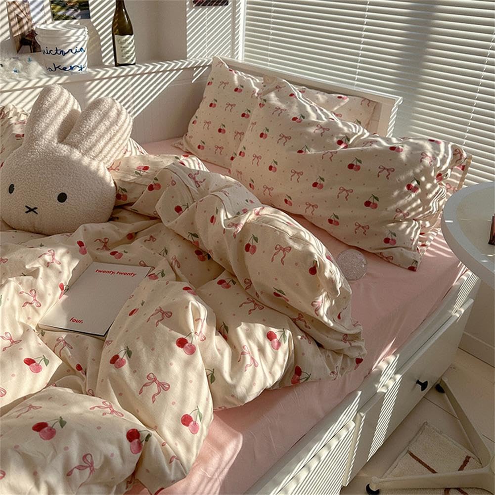 Cherry Duvet Cover Queen Size Pink Bowknot Heart Beddding Set 3 Pieces Kids Girls Kawaii Bow Red Fruit Reversible Coquette Cooling Comforter Cover