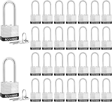 Keyed Padlocks, Laminated Steel Padlock, Keyed Alike Locks with Same Keys, Long Shackle, PE Plastic Hoop, This Pad Lock with Eco-Friendly Materials, 30 Pack