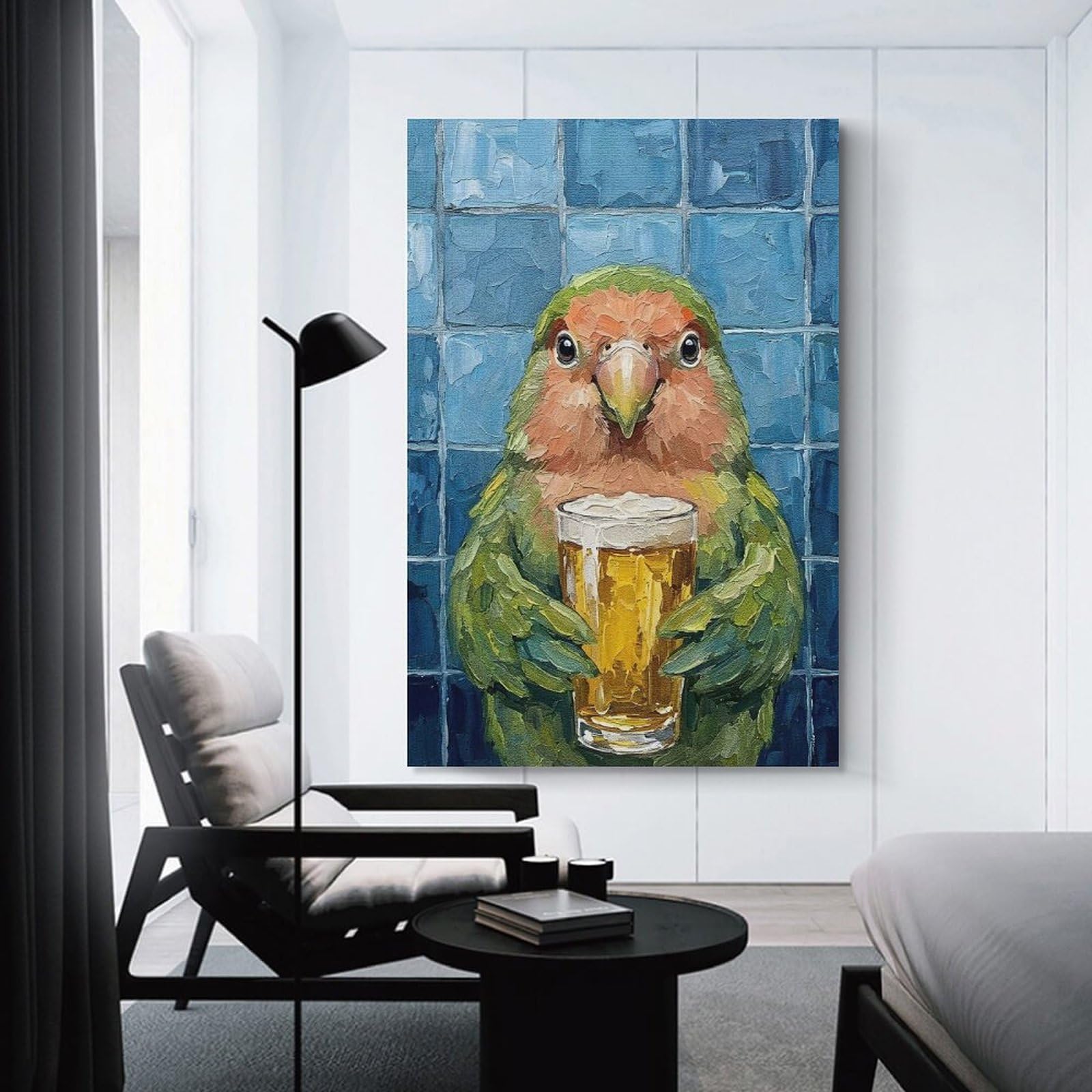 Junmoney Unframe-Style-8 Parrot With Beer Painting Wall Decor Canvas Print, 24X36inch(60X90cm), For Lounge, Bedroom Or Personal Spaces, Thoughtful Wall Decor For Art Lovers