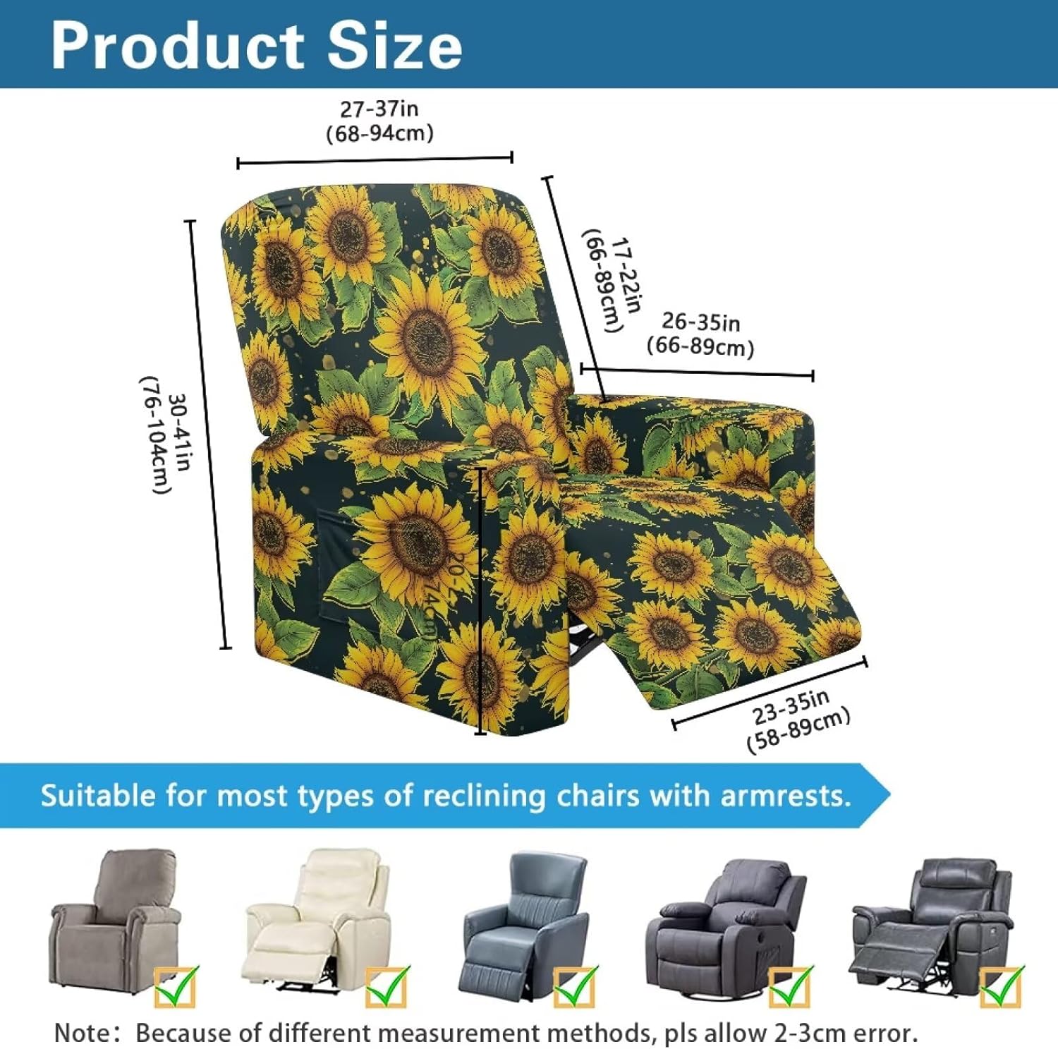 Sunflower Pattern Recliner Slipcovers 4-Pieces Covers for Electric Power Lift Reclining Chair Fitted Reclining Slipcover Floral Patterned Lazyboy Recliner Chair Cover with Handle Opening