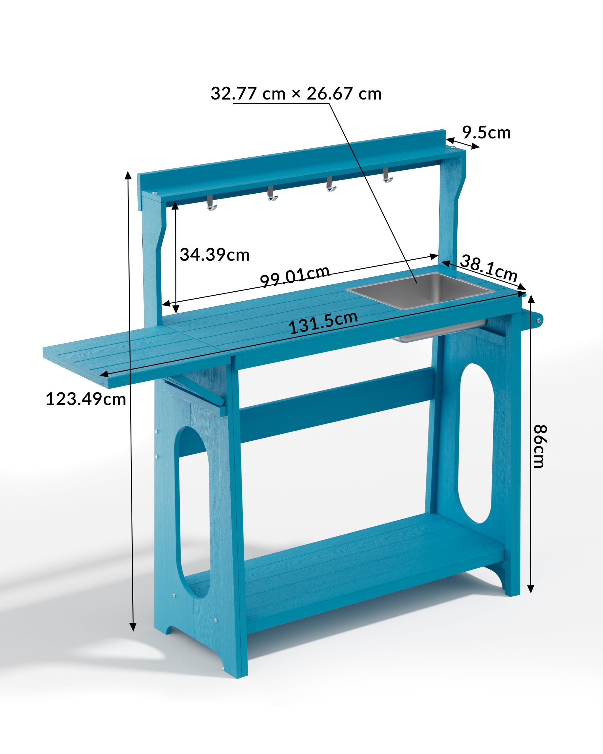 Pflanztisch Outdoor HIPS mit klappbarer Erweiterung, abnehmbarem Spülbecken, Gartentisch mit Ablagen & Werkzeughaken, wetterfest für Garten, Terrasse & Balkon, Blau
