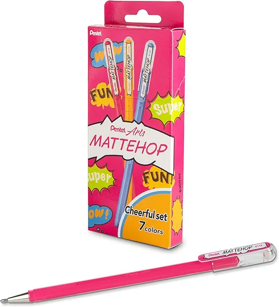 Pentel Mattehop Gel Pens, Cheerful Colors Box Set, (1.0mm), Bold Line, 7 Assorted Colors (K110-V7STB)