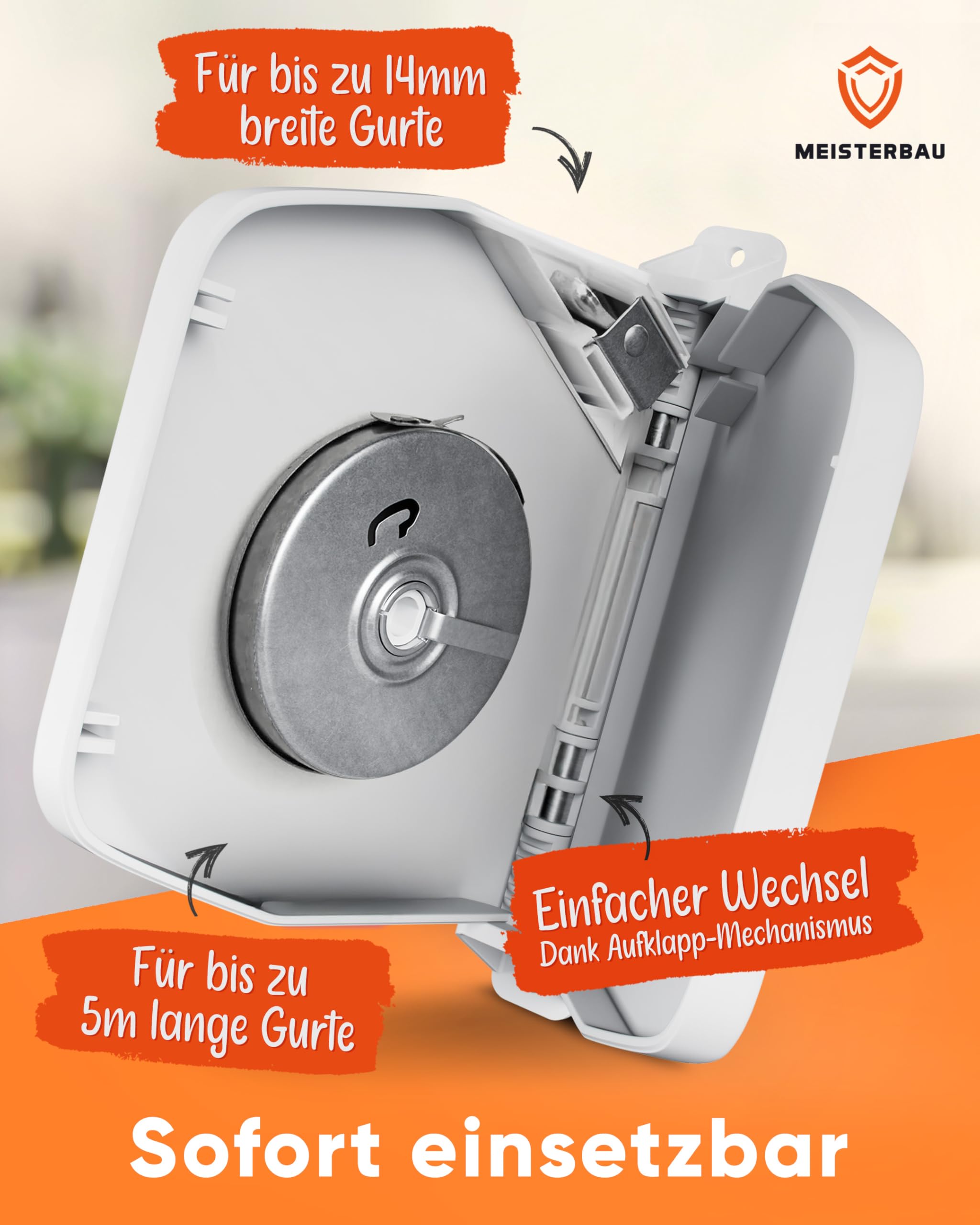 MEISTERBAU - Rolladen Gurtwickler Aufputz [ohne Gurt] - [Made in Germany] - 3 Stück aufklappbare Rollladen Aufwickler für Rolladengurt 14mm - 180° schwenkbar mit Lochabstand 155mm + Aufbauvideo - Weiß