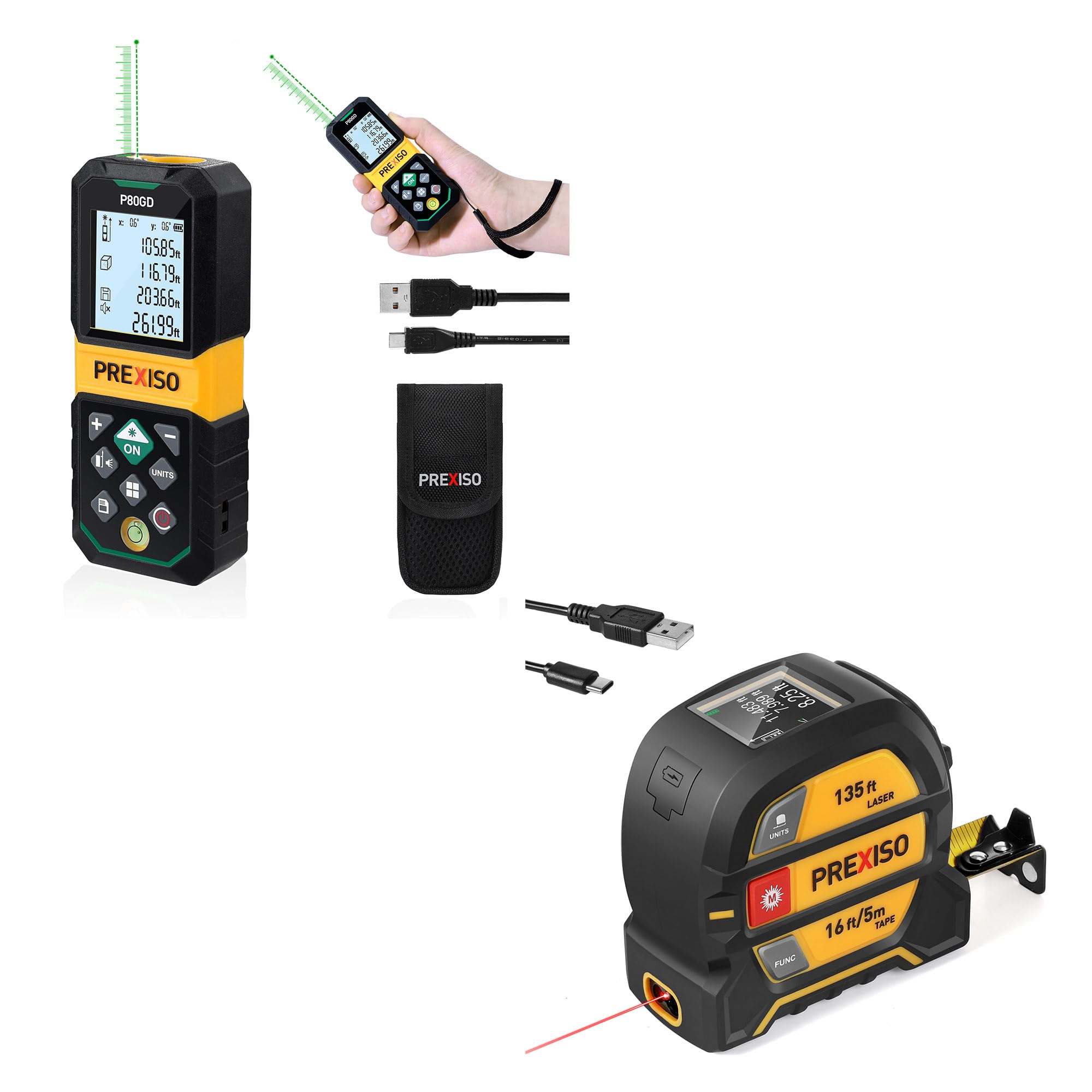 PREXISO Laser Measure Rechargeable, 265Ft Green Beam Laser Measurement Tool & PREXISO 2-in-1 Digital 135Ft Rechargeable Laser Tape Measure