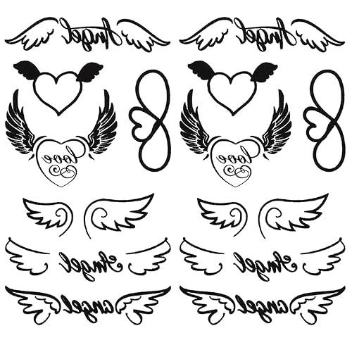 Miniatura 3 de Juego de 2 calcomanías de tatuaje temporal pequeñas, diseño de alas de corazón de ángel para mano, cuello, cara, muñeca, dedo, impermeable, falso,