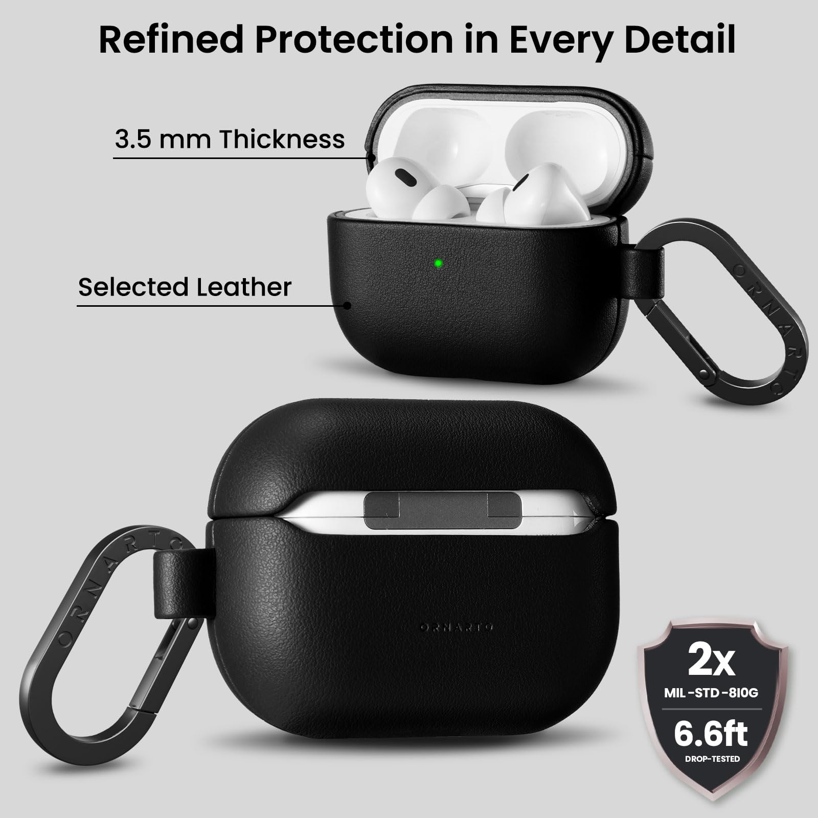 ORNARTO Cover In Pelle Per AirPods Pro 1 E 2 – Marrone, Con Moschettone E LED Visibile