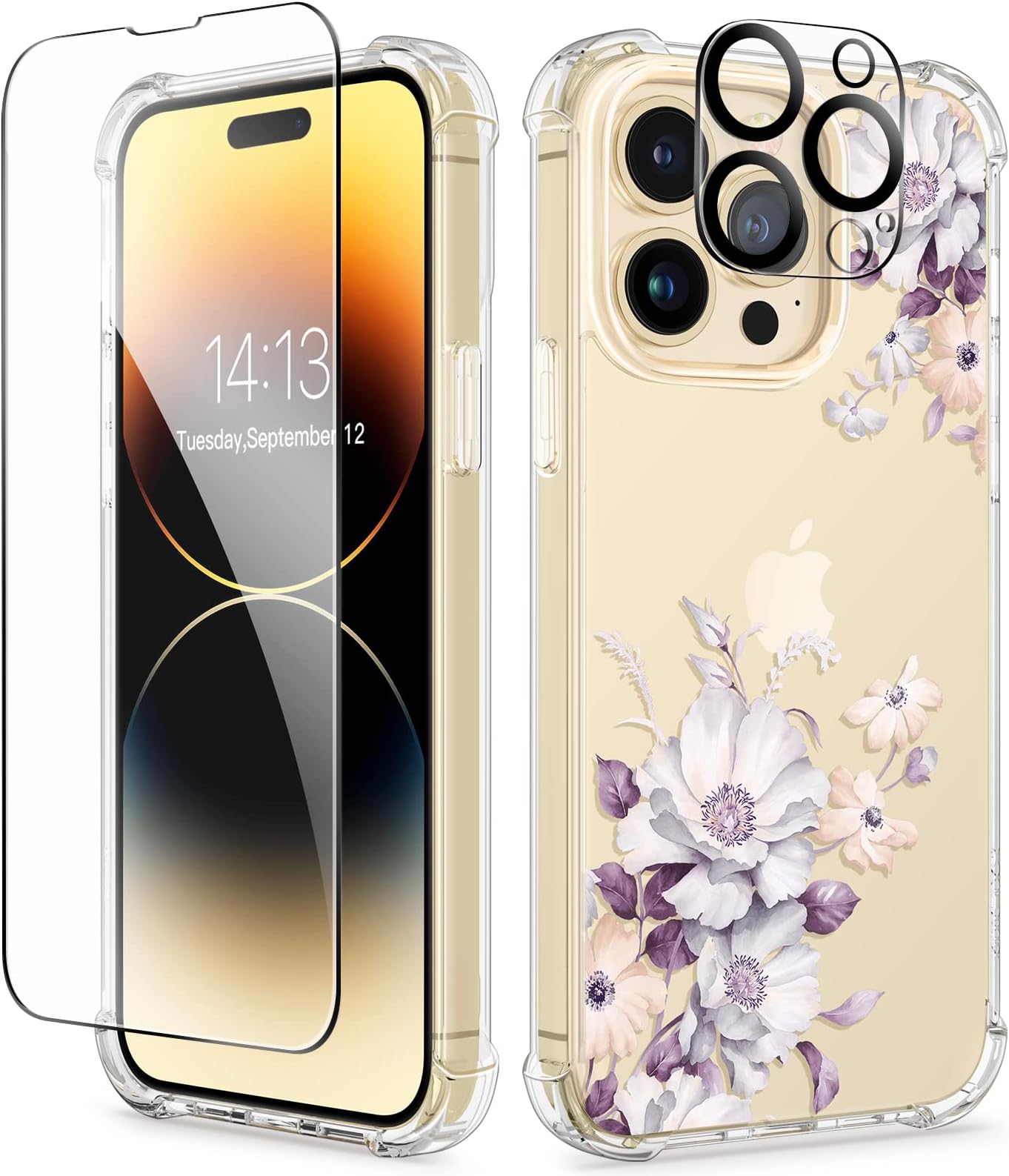 GVIEWIN for iPhone 14 Pro Case with Screen Protector & Camera Lens Protector, Floral Slim Shockproof Protective Hard PC+TPU Bumper Flower Women Phone Cover for 14 Pro, 6.1"(Aster/Purple)