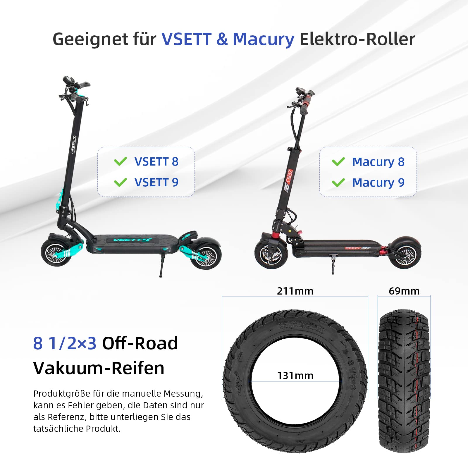 ulip (2er-Set) 8,5x3 (50-134) Offroad-Reifen mit Schlauch 8,5 Zoll Luftreifen für VSETT 8 9 Macury Zero 8 9 Roller