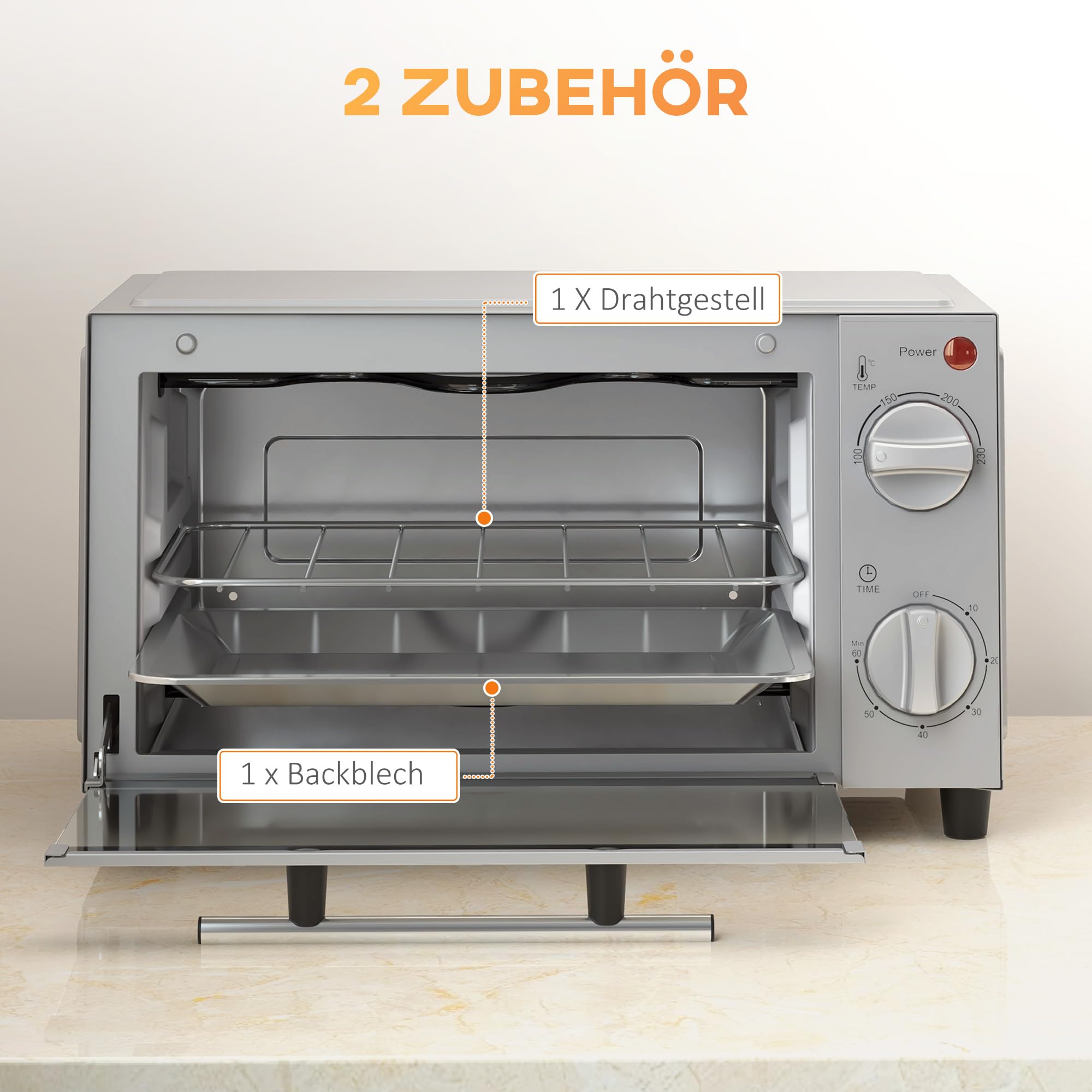 HOMCOM Mini-four 9L Mini four avec plaque de cuisson, grille, 100 °C-230 °C, avec température et durée de cuisson réglables, minuterie 60 min, 750W, inox, argent
