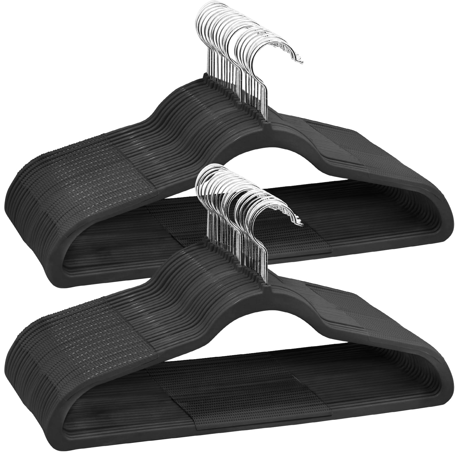 ABHENG 50 Pack Clothes Hangers, Non Slip Plastic Coat Hangers, 360°Swivel Hook, Space Saving, 0.2 Inches Thick, Heavy Duty, Hanging Dry Wet Clothes, Black + Silver, UAPY0150B