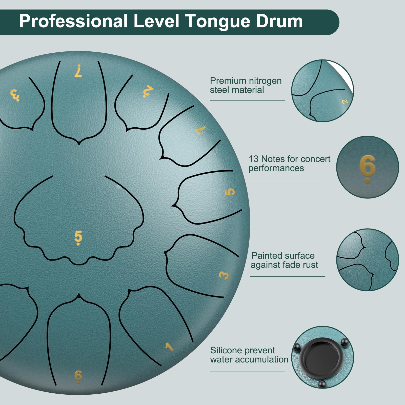 D Major Steel Tongue Drum Handpan, 12 Inch 13 Note Rain Drum for Outside Garden, Meditation Rain Chime, Musical Percussion Instrument for Adult Gift with Bag, Music Book, Drum Mallets (Moss Blue) 2