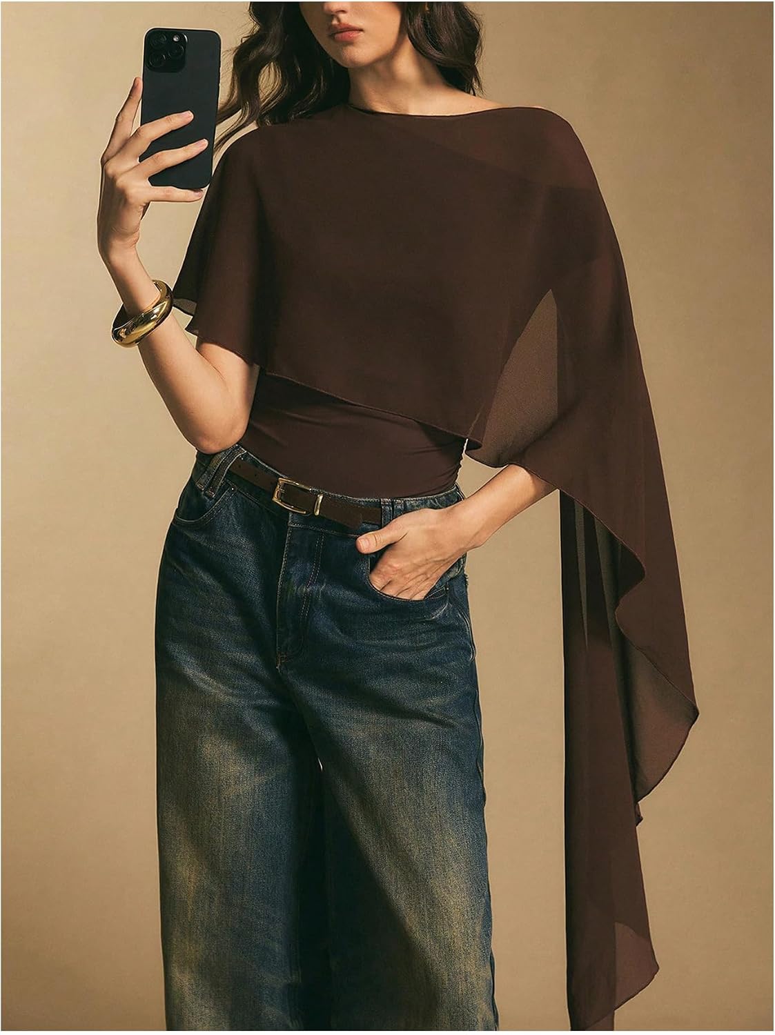 MakeMeChic Women's Mesh Sheer Bodysuit Asymmetrical Ruched Elegant Shawl Poncho Tops