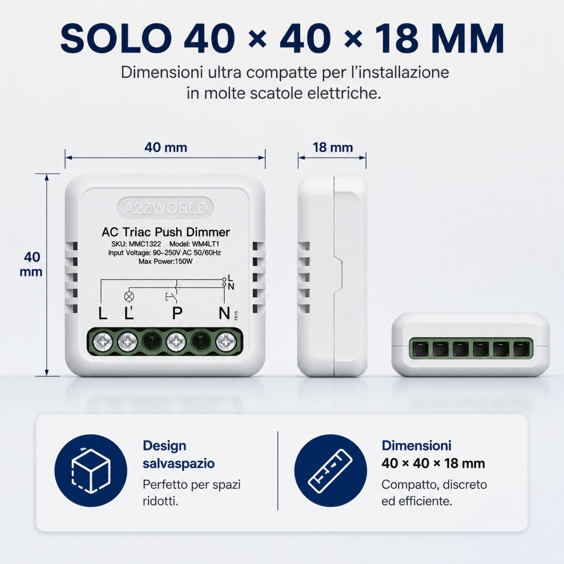 4 sztuki ściemniacza Push AC Triac, cięcie fazowe 220 V z przyciskiem, regulowany 10-100%, synchronizacja, pamięć, podtynkowy i szynę DIN, do ściemniania LED maks. 150 W, 40 x 40 x 18 mm, wycinanie