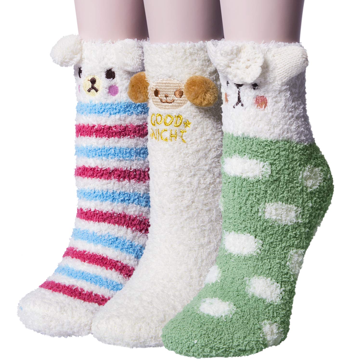 Loritta 3 Pairs Womens Fuzzy Socks Winter Warm Fluffy Soft Slipper Home Sleeping Cute Animal Socks - P-sheep+dogs