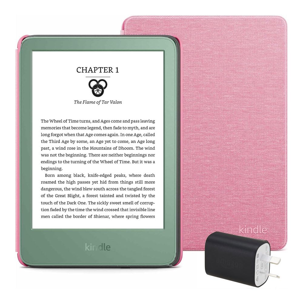 Kindle Essentials Bundle including Kindle (2024 release) - Matcha, Fabric Cover - Rose, and Power Adaptor