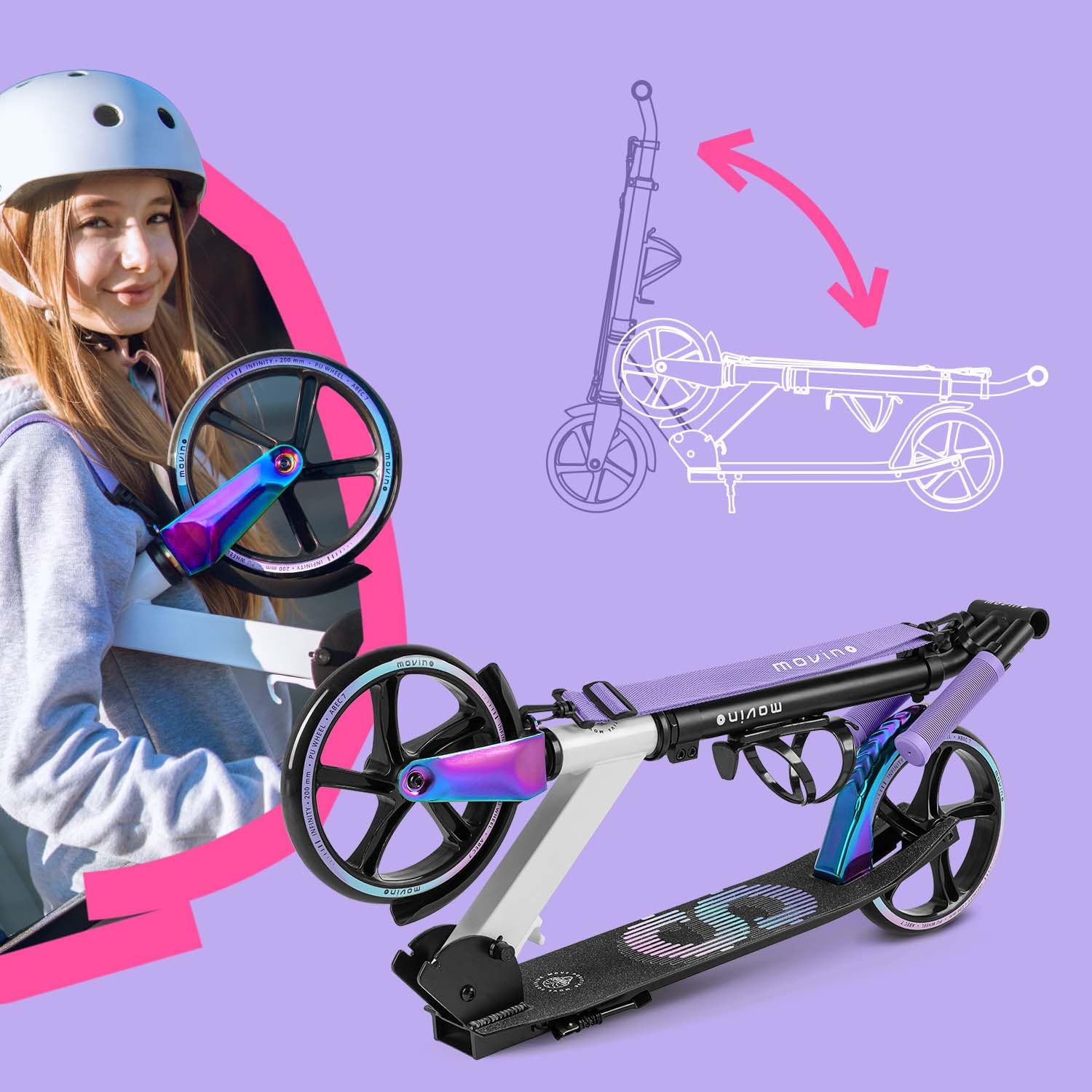 Movino Infinity Scooter Plegable Ruedas 200 mm Portabotellas Correa Transporte