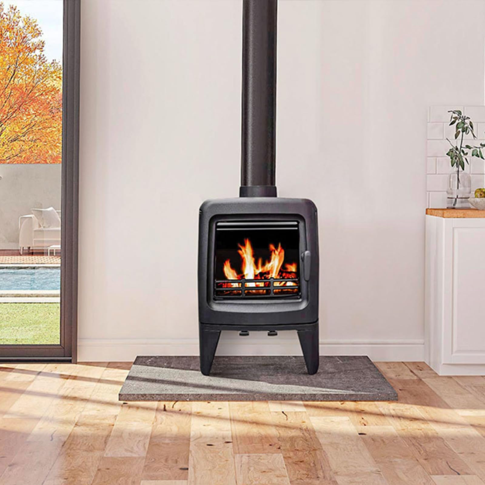 Poêle à bois en fonte INA 5 kW | Design moderne, triple combustion, verre céramique 750°, 100 m³ chauffables | Haute efficacité 78,8% | Certifié 4 étoiles