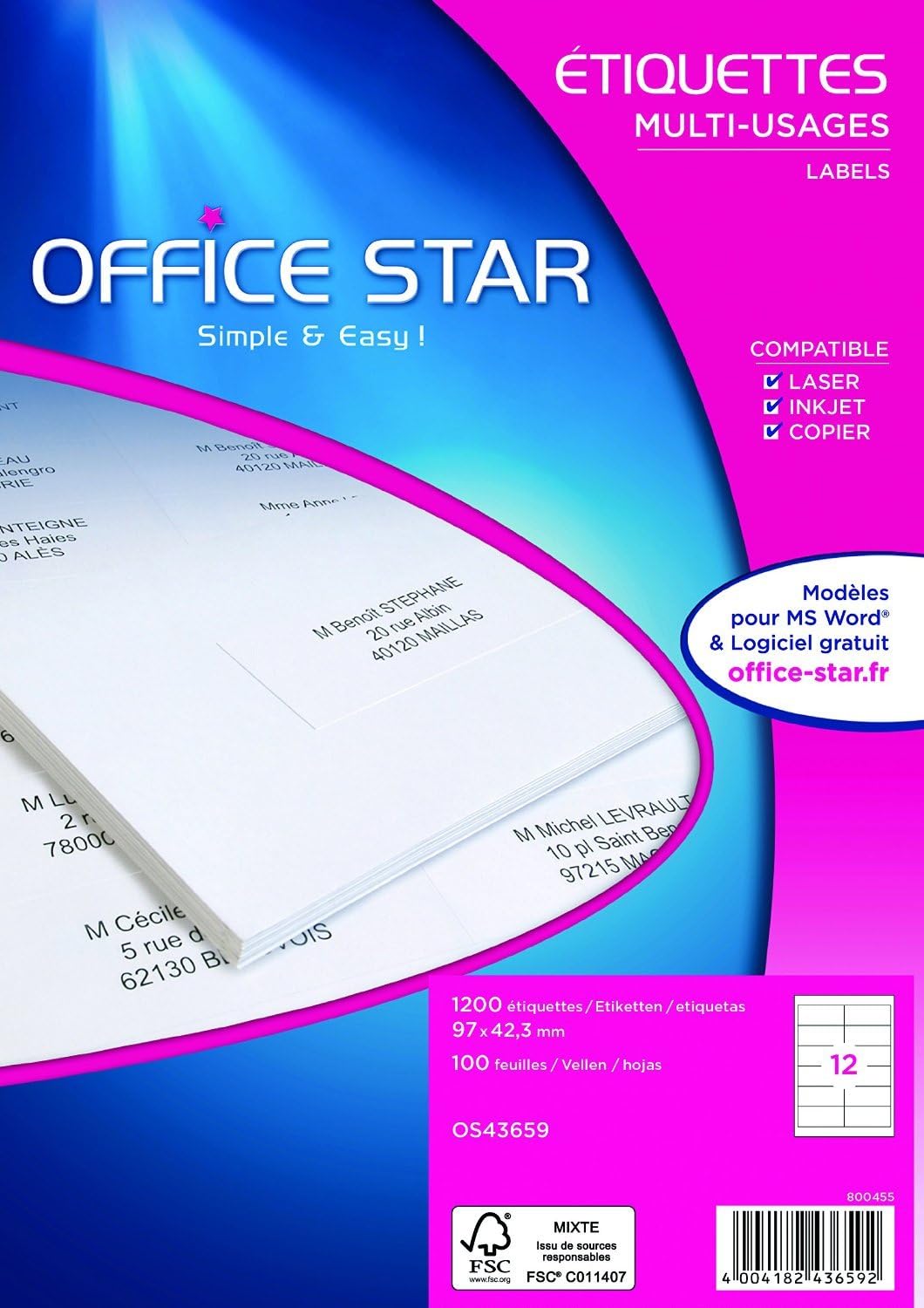 Avery Office Star Box of 1,200 White Multi-Use Labels 97x42 mm