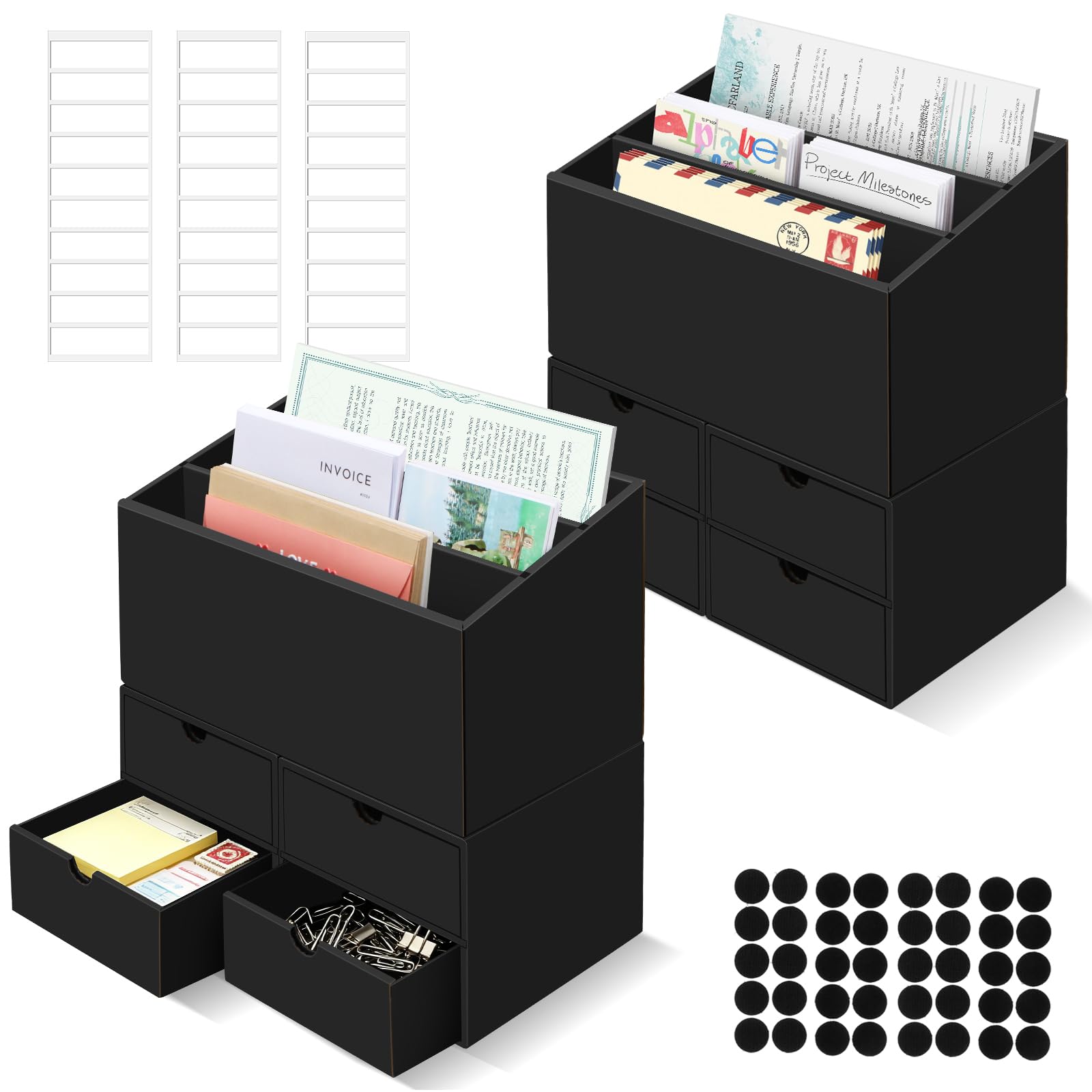 Organizzatore Scrivania 2 Portadocumenti da Scrivania - 3 Scomparti e 4 Contenitori con Cassetti, Organizer da Scrivania Portalettere per Casa, Ufficio e Scuola, Nero