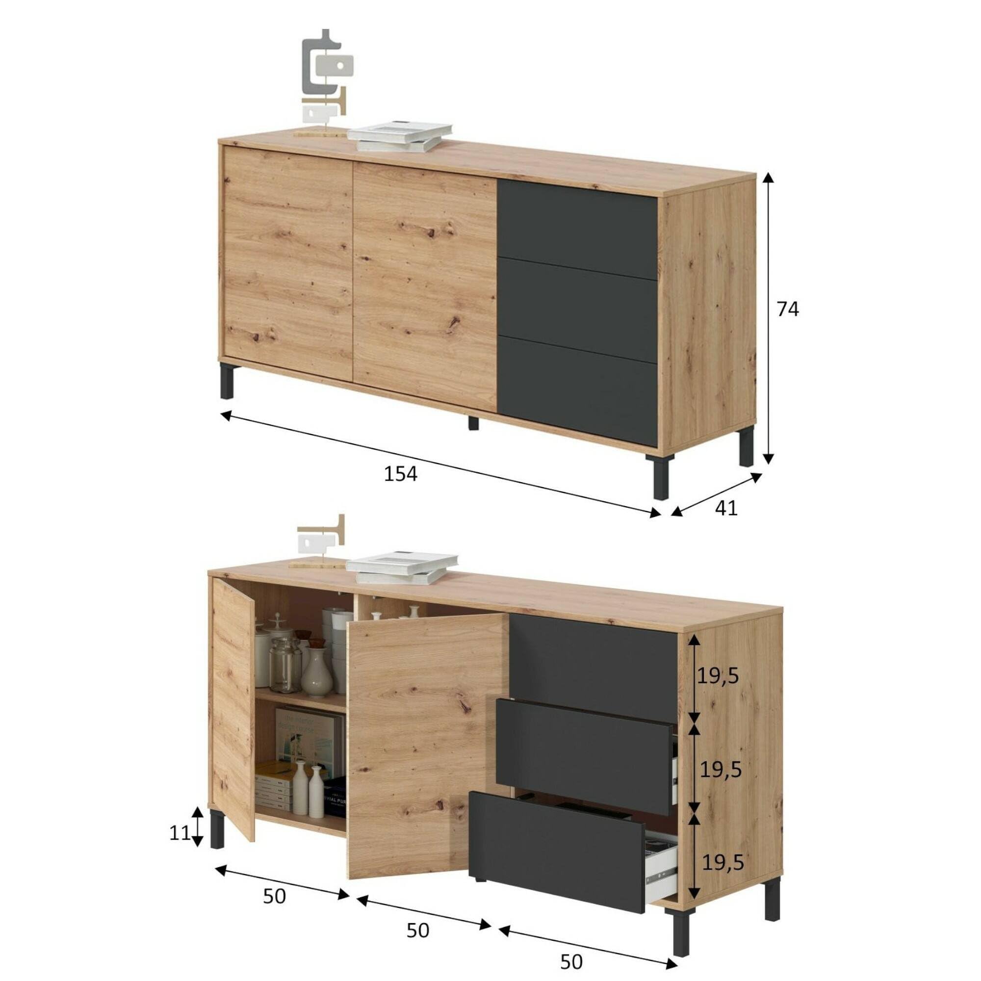 Dmora - Credenza Concord, Buffet da soggiorno, Mobile porta TV, Armadio per salotto, Madia moderna a 2 ante e 3 cassetti, 154x41h74 cm, Rovere nodi e Antracite
