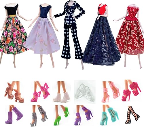 Ropa de muñeca de moda vestido y accesorios 5 conjuntos de vestidos de muñeca  12 pares de zapatos de estilo aleatorio para muñecas de niña de 115