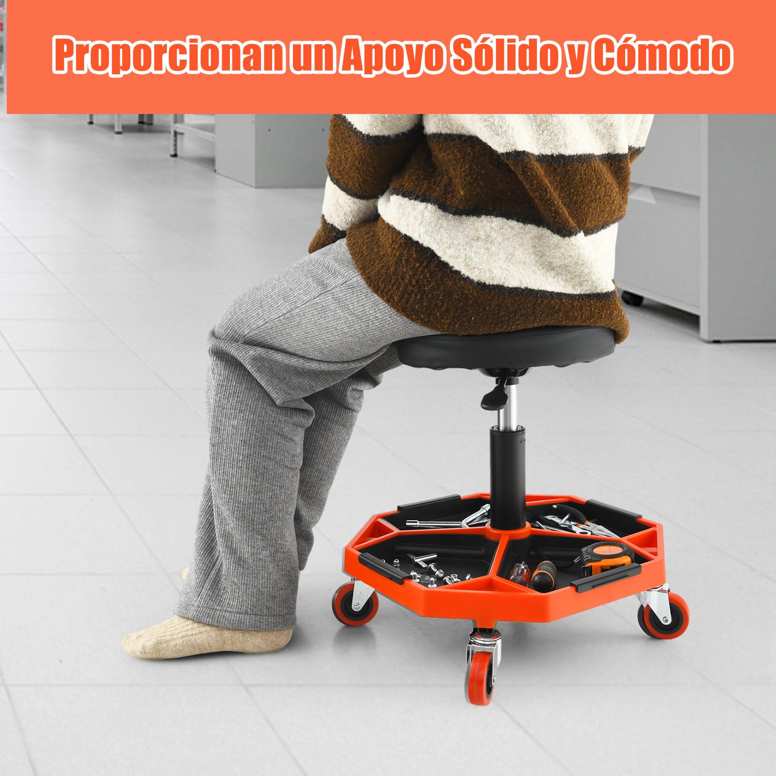 GOPLUS Taburete de Taller con Ruedas 41-56 cm Altura Ajustable, Taburete Mecánico con Bandeja para Herramientas y 4 Ruedas Universales, Carga 150 kg, para Garaje y Taller de Reparación